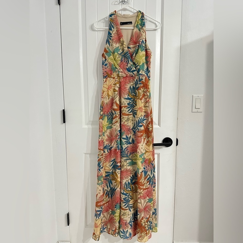 Chetta B Sleeveless V-Neck Tropical Floral Prints Dress